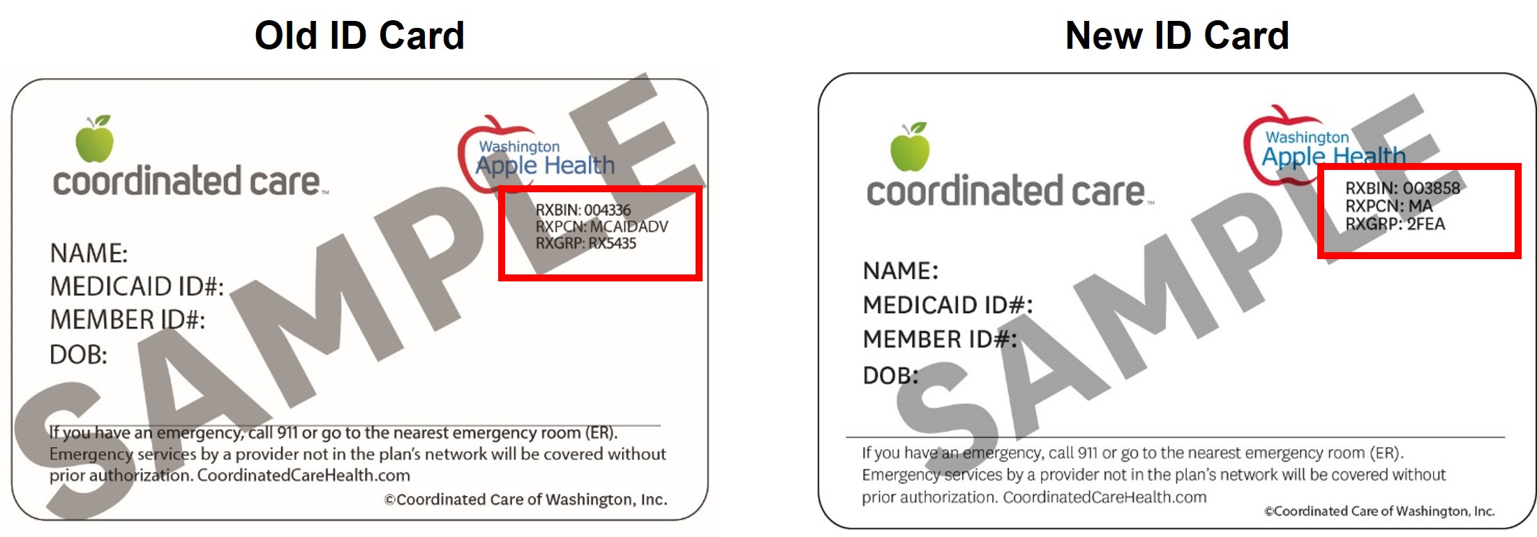 Image of old and new member ID cards with pharmacy information highlighted. Updated pharmacy (Rx) information shown in text.