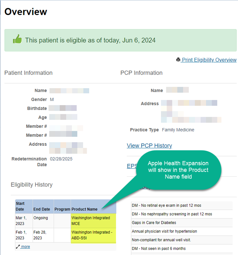 Image shows how Apple Health Expansion members can be identified in the Coordinated Care Provider Portal.
